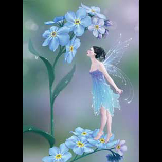 Fada sobre flors blaves